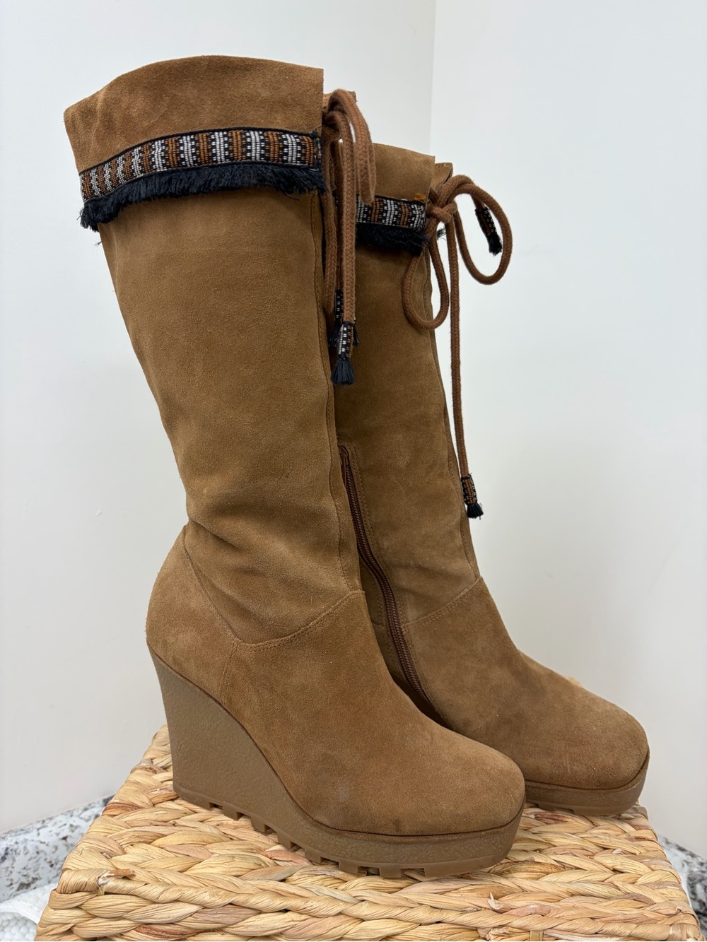 Diane Von Furstenberg Brown Suede Fringe Wedge Boots